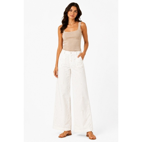 Nicole Miller Pants - Nicole Miller White Embroidered Wide Leg Linen Rayon Pants Womens Size 2
